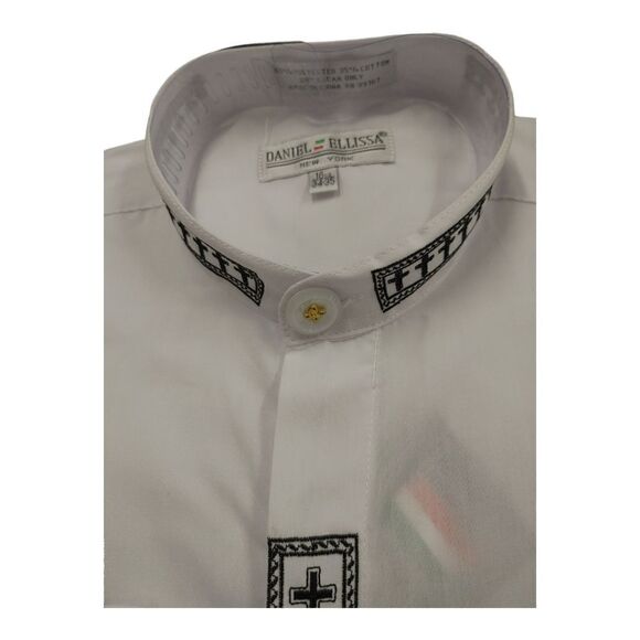 MEN'S DANIEL ELLISSA WHITE W/BLACK EMBROIDERY BANDED COLLAR DRESS SHIRT. DS2005C - Picture 2 of 4